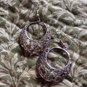 Silver Filigree Hoop Drop Earrings with Leaf Accent